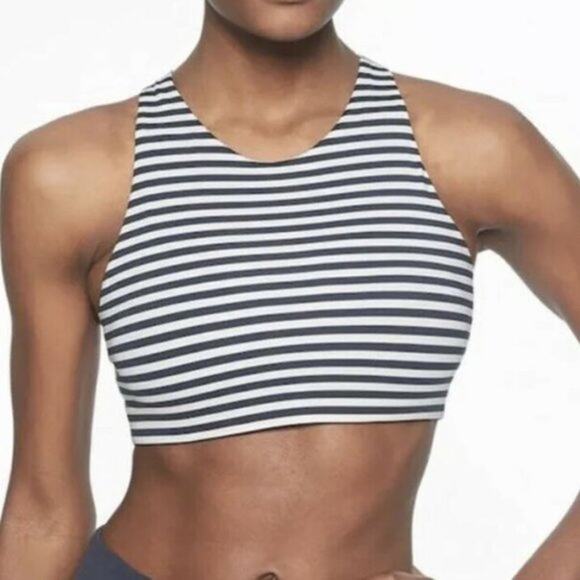 Athleta Navy Blue White XSmall Striped High Neck Mudra Sports Bra Cut Out Back - Picture 3 of 12